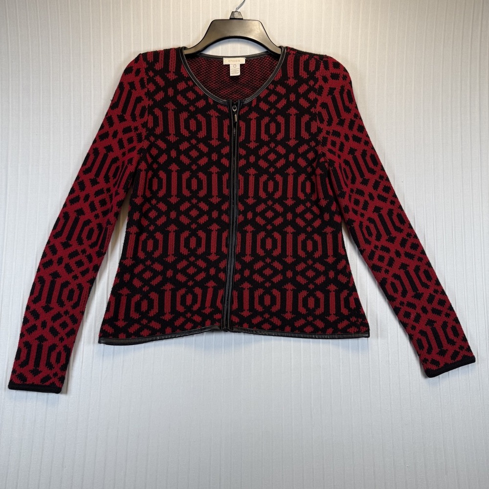 Chicos Cardigan Sweater Women 0 Red Black‎ Geometric Full Zip Faux Leather Trim